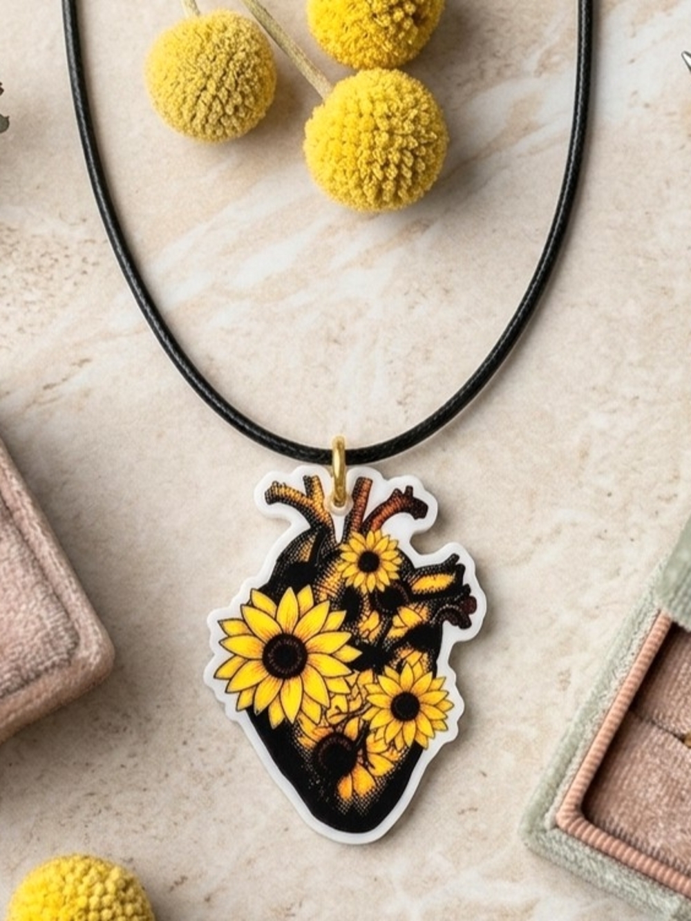 Anatomical Heart Floral Sunflower Field Summer Nature & Science Necklace